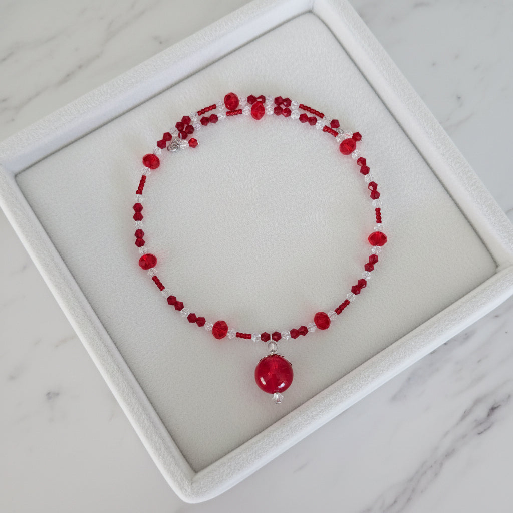 Red Crystal Choker Necklace - Memory Wire Coil Collar with 16mm Glass Bead Pendant
