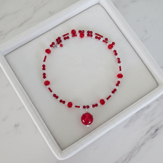 Red Crystal Choker Necklace - Memory Wire Coil Collar with 16mm Glass Bead Pendant