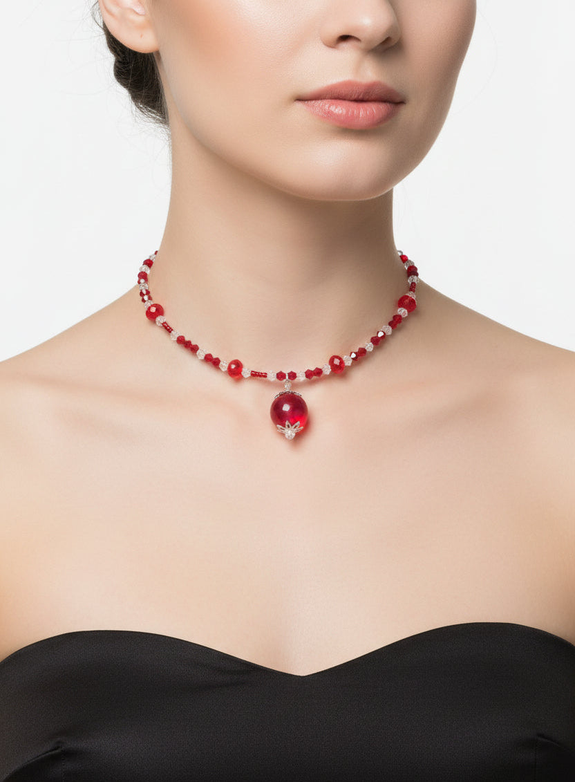 Red Crystal Choker Necklace - Memory Wire Coil Collar with 16mm Glass Bead Pendant