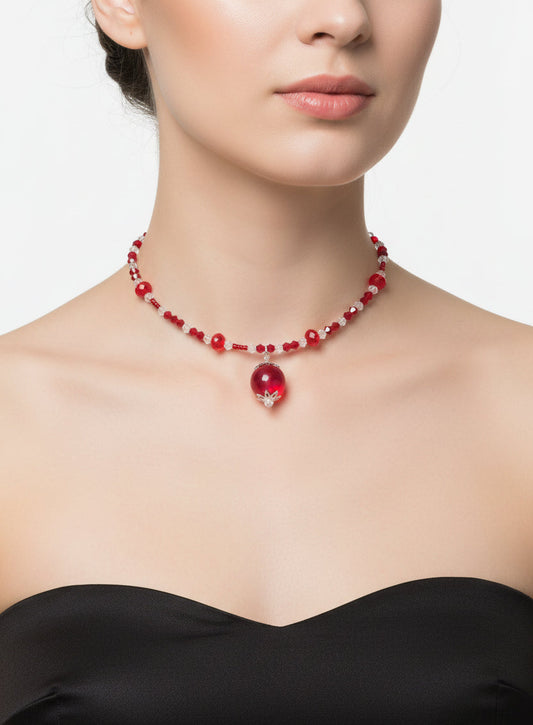Red Crystal Choker Necklace - Memory Wire Coil Collar with 16mm Glass Bead Pendant