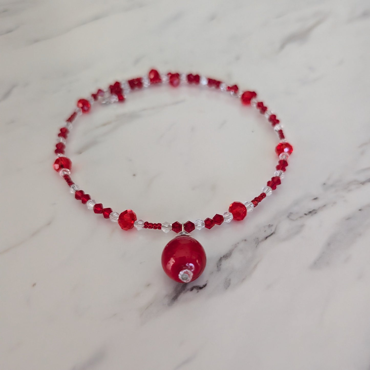 Red Crystal Choker Necklace - Memory Wire Coil Collar with 16mm Glass Bead Pendant