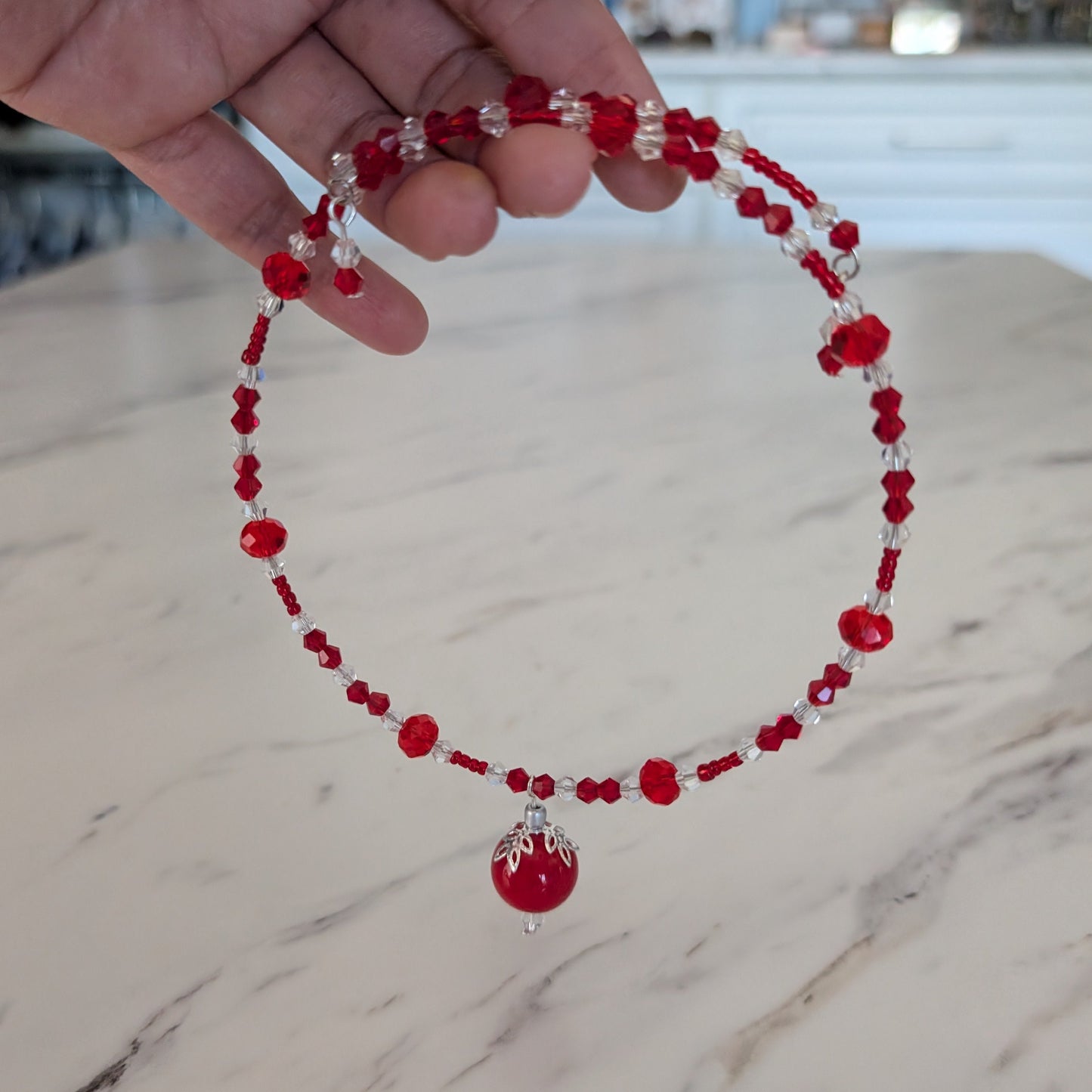 Red Crystal Choker Necklace - Memory Wire Coil Collar with 16mm Glass Bead Pendant