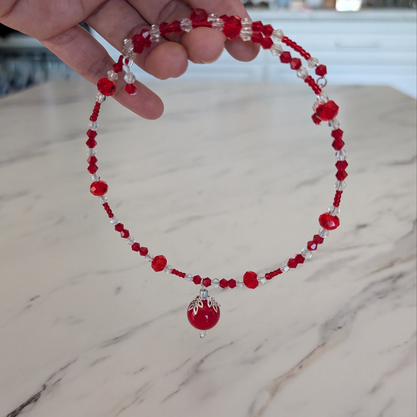 Red Crystal Choker Necklace - Memory Wire Coil Collar with 16mm Glass Bead Pendant