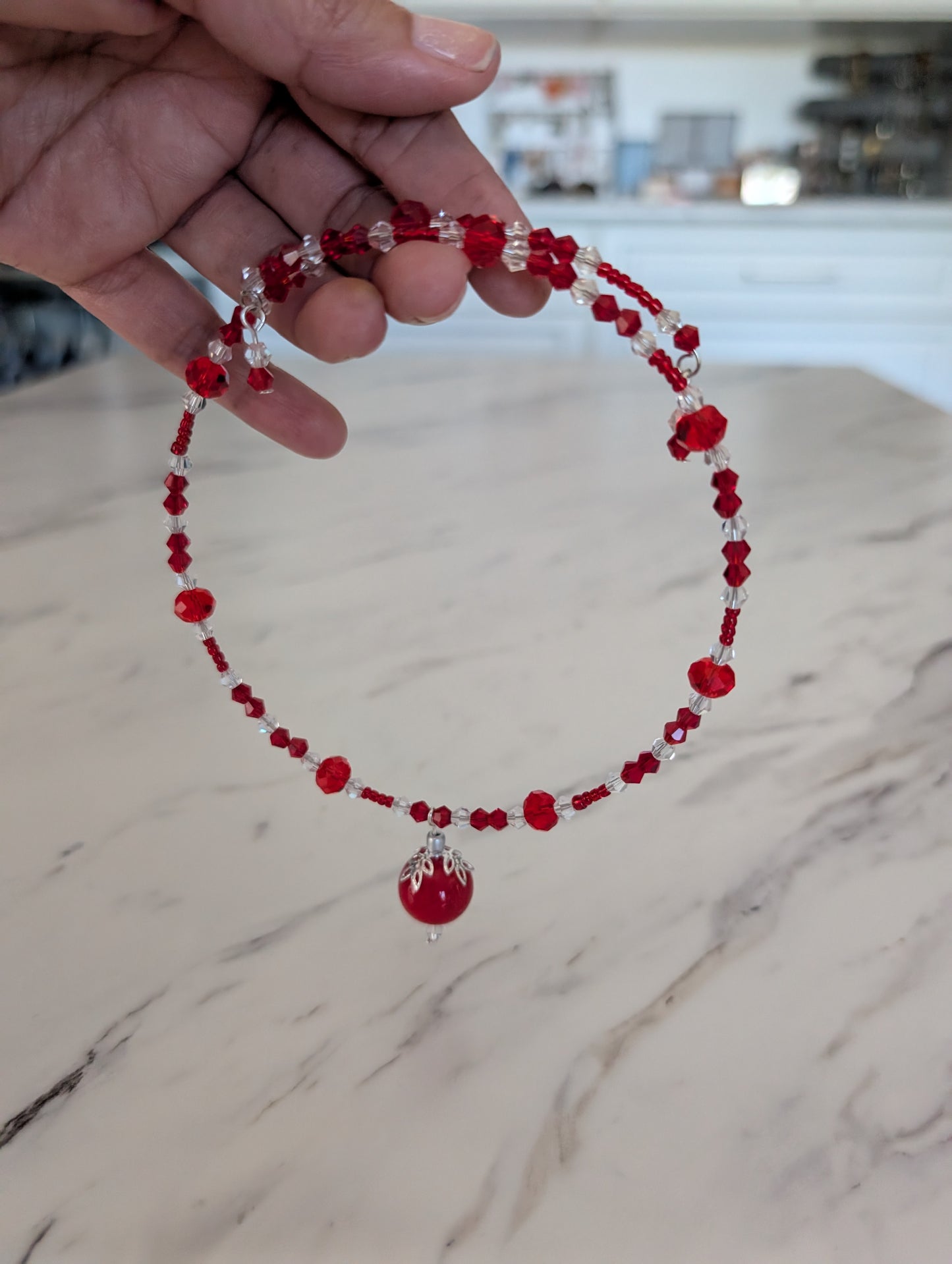 Red Crystal Choker Necklace - Memory Wire Coil Collar with 16mm Glass Bead Pendant