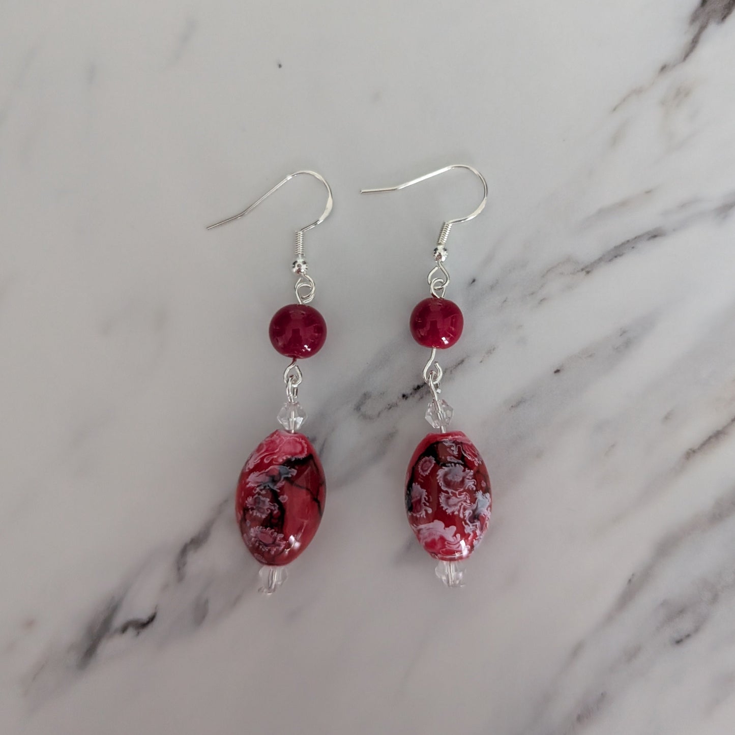 Red Dangle Earrings on 925 Silver Hooks – Crimson Glass & Crystal Statement Earrings