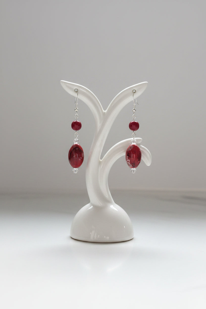 Red Dangle Earrings on 925 Silver Hooks – Crimson Glass & Crystal Statement Earrings