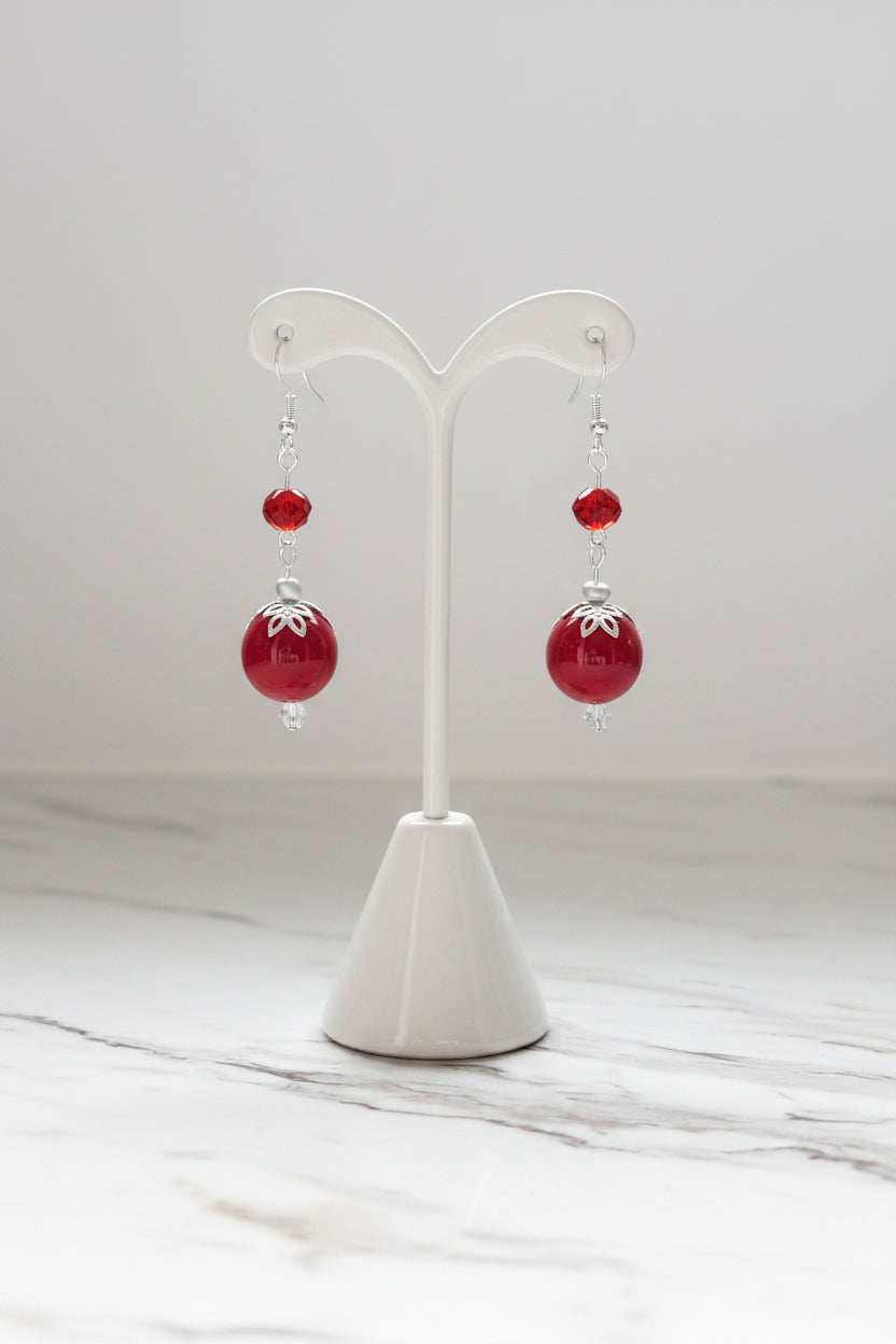 Red Dangle Earrings on 925 Silver Hooks – Crimson Glass & Crystal Statement Earrings
