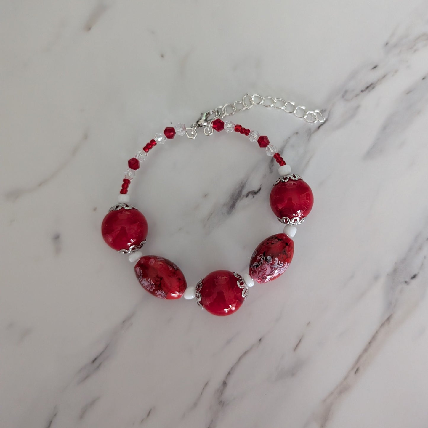 Vibrant Red Glass Bead Memory Wire Bracelet - Bold Crystal Accent Statement Jewelry