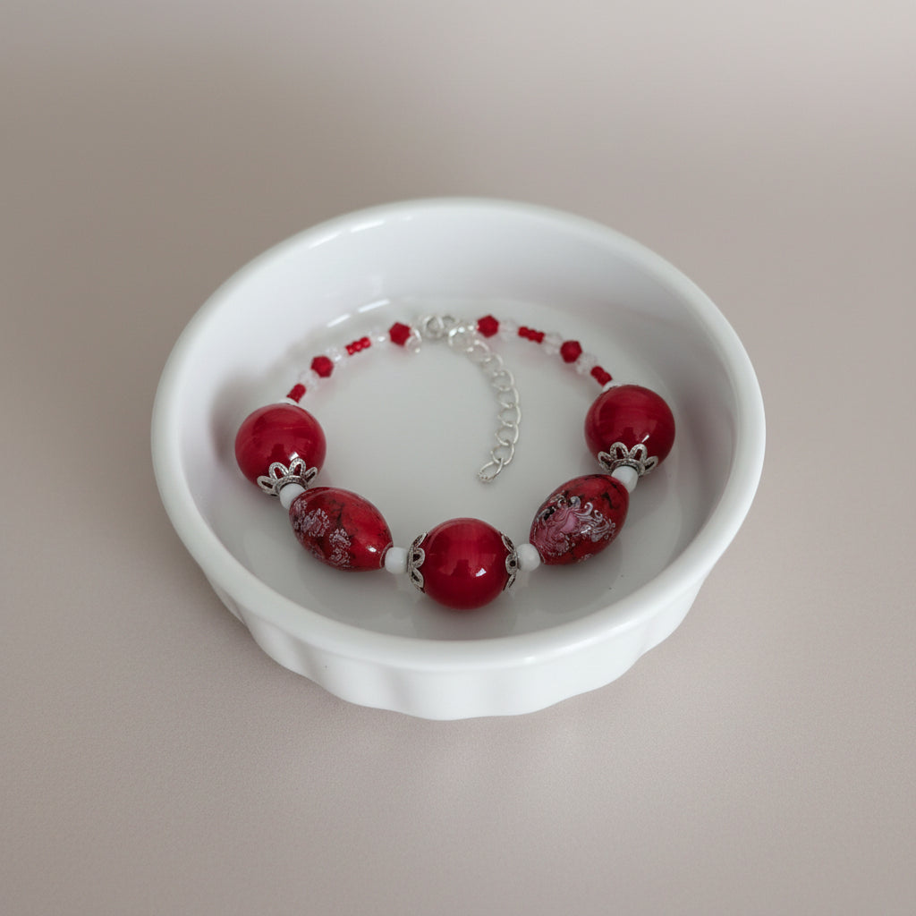 Vibrant Red Glass Bead Memory Wire Bracelet - Bold Crystal Accent Statement Jewelry