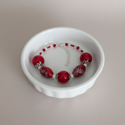 Vibrant Red Glass Bead Memory Wire Bracelet - Bold Crystal Accent Statement Jewelry