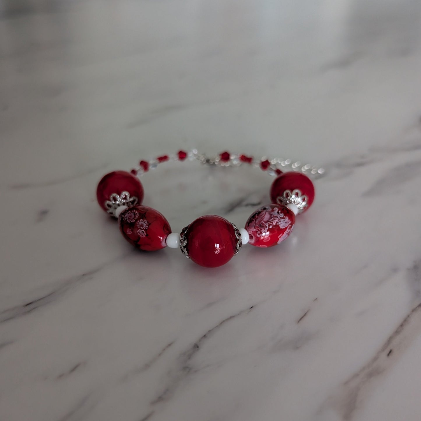 Vibrant Red Glass Bead Memory Wire Bracelet - Bold Crystal Accent Statement Jewelry
