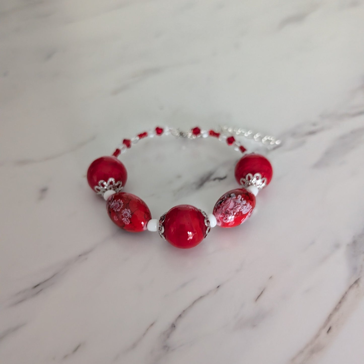 Vibrant Red Glass Bead Memory Wire Bracelet - Bold Crystal Accent Statement Jewelry