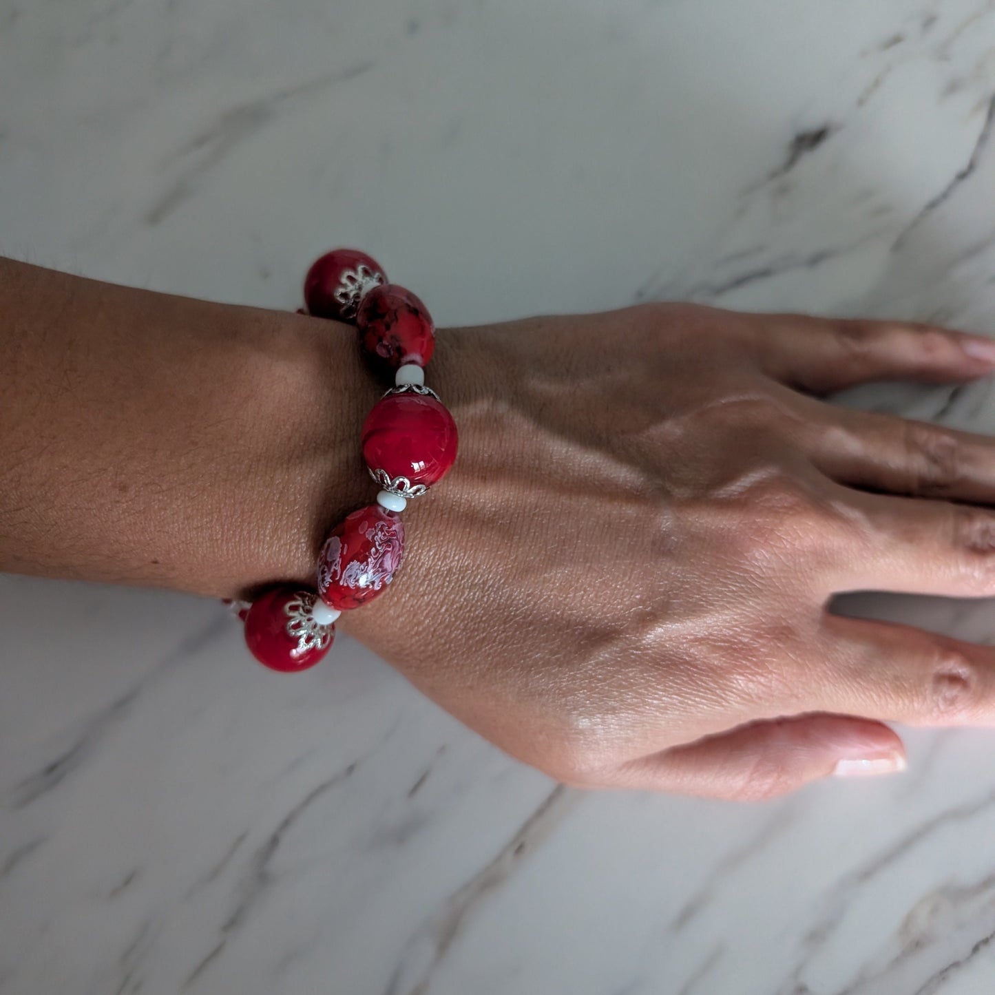 Vibrant Red Glass Bead Memory Wire Bracelet - Bold Crystal Accent Statement Jewelry
