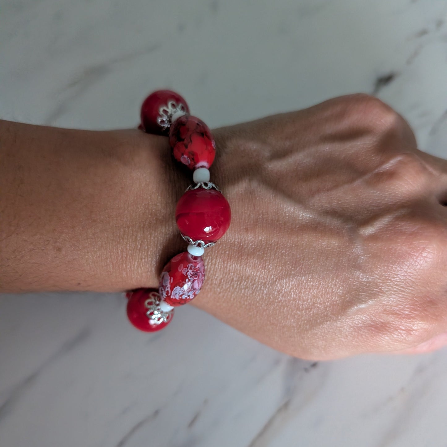 Vibrant Red Glass Bead Memory Wire Bracelet - Bold Crystal Accent Statement Jewelry