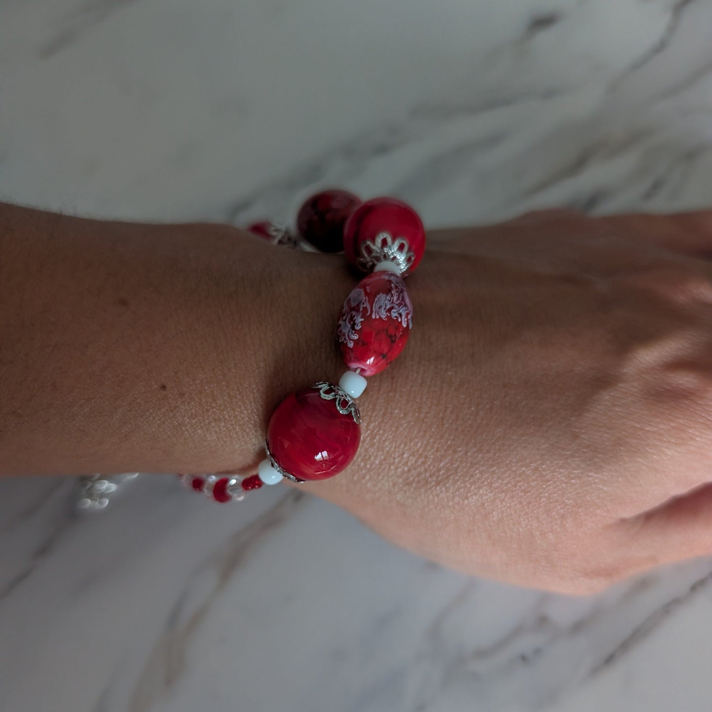 Vibrant Red Glass Bead Memory Wire Bracelet - Bold Crystal Accent Statement Jewelry