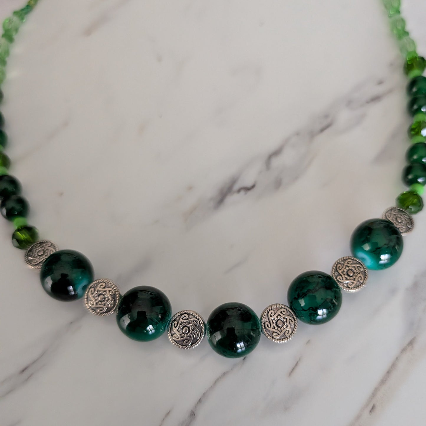 Forest Muse: Green Glass, Crystal, and Stainless Steel Beaded Statement Necklace