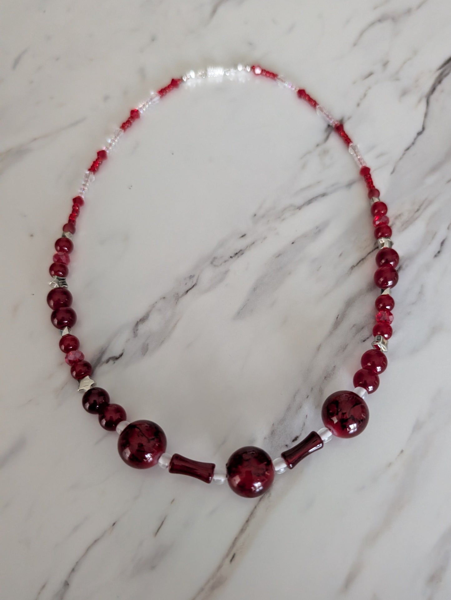 Burgundy Glass and Crystal Beaded Necklace, 18" Handmade Red Bamboo Tube Statement Necklace