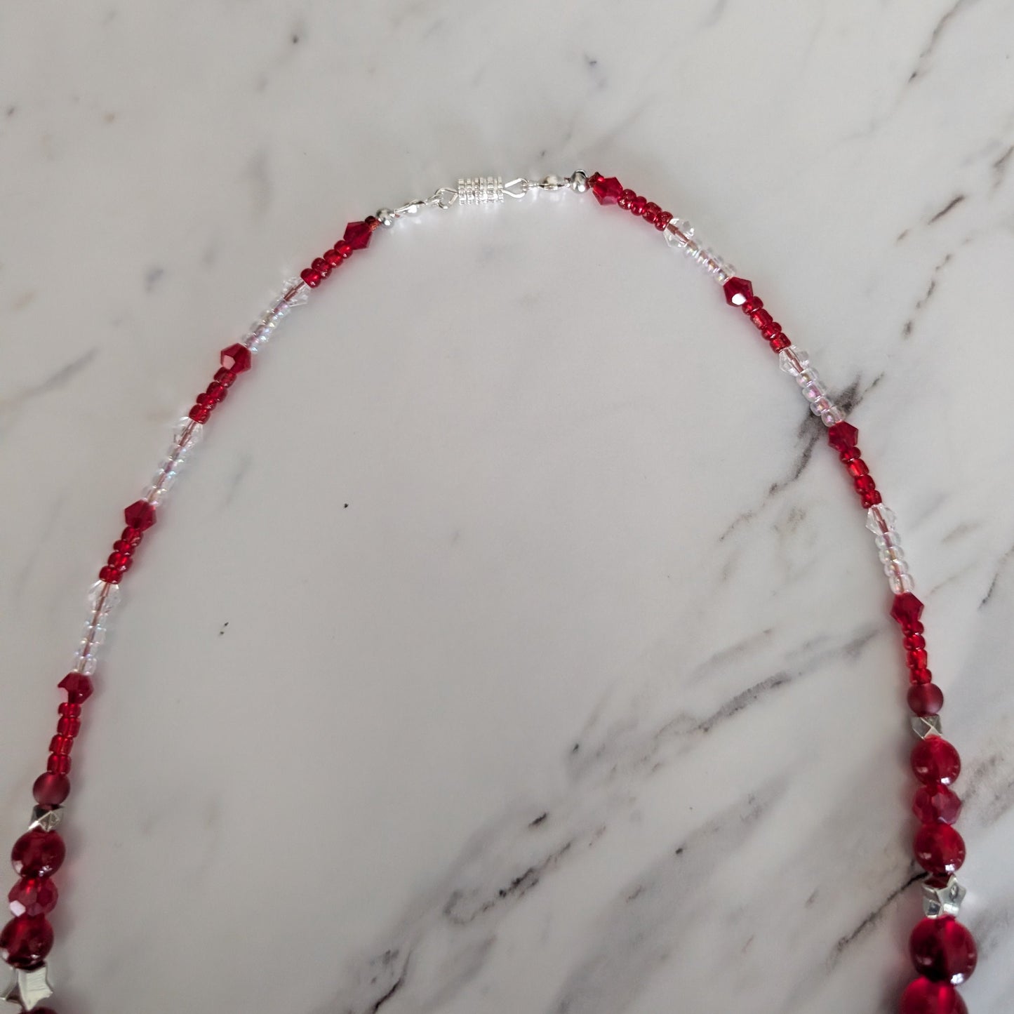Burgundy Glass and Crystal Beaded Necklace, 18" Handmade Red Bamboo Tube Statement Necklace