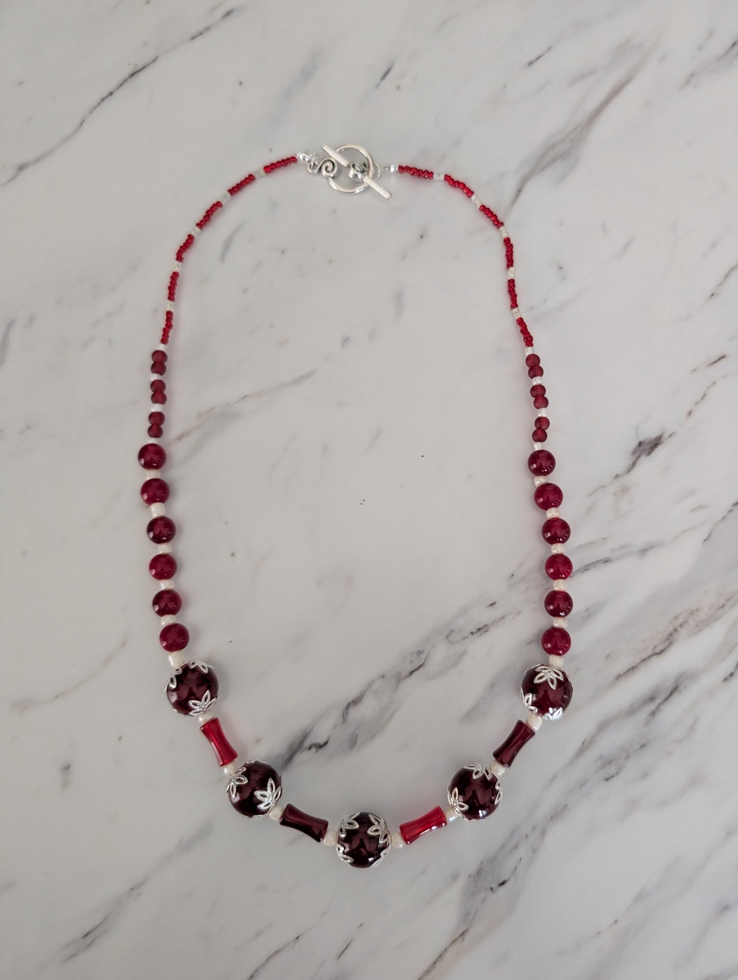 Burgundy Beaded Necklace for Women - 21.5" Red Glass & Bamboo Tube Statement Necklace with Silver Toggle Clasp