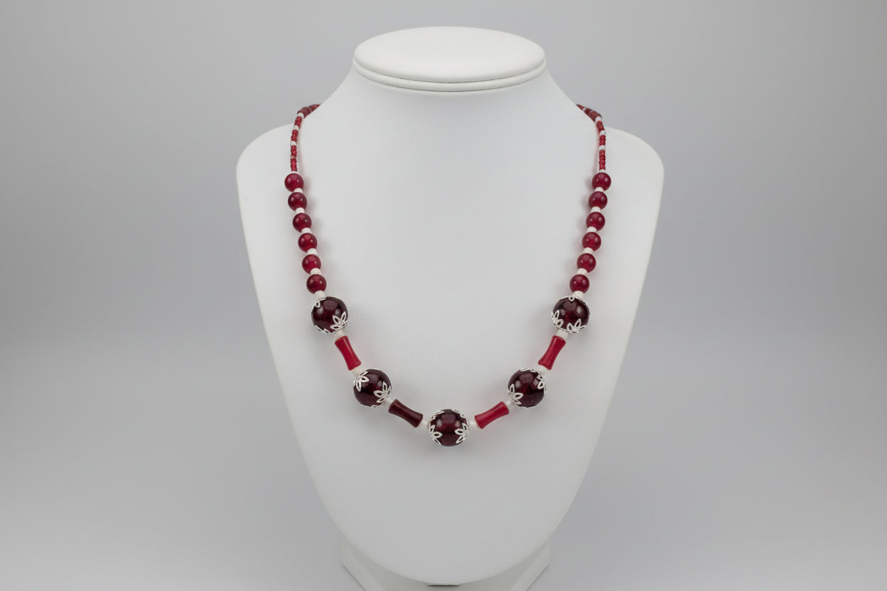 Burgundy Beaded Necklace for Women - 21.5" Red Glass & Bamboo Tube Statement Necklace with Silver Toggle Clasp