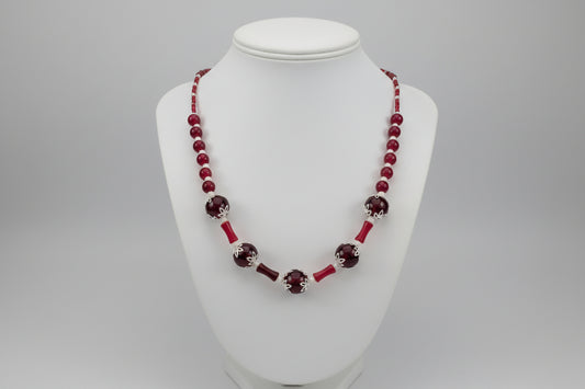 Burgundy Beaded Necklace for Women - 21.5" Red Glass & Bamboo Tube Statement Necklace with Silver Toggle Clasp