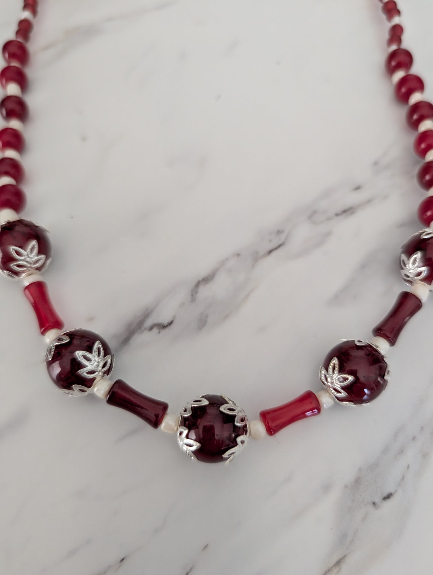 Burgundy Beaded Necklace for Women - 21.5" Red Glass & Bamboo Tube Statement Necklace with Silver Toggle Clasp