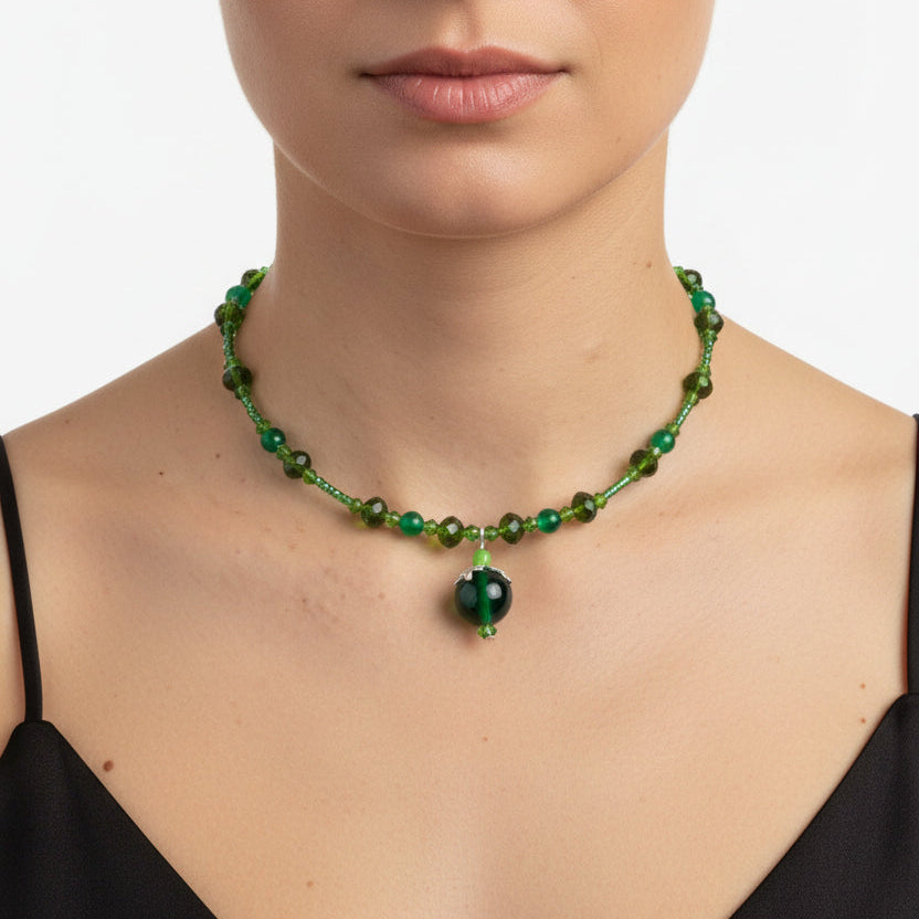 Emerald Green Beaded Memory Wire Choker with Intricate Silver-Capped Pendant