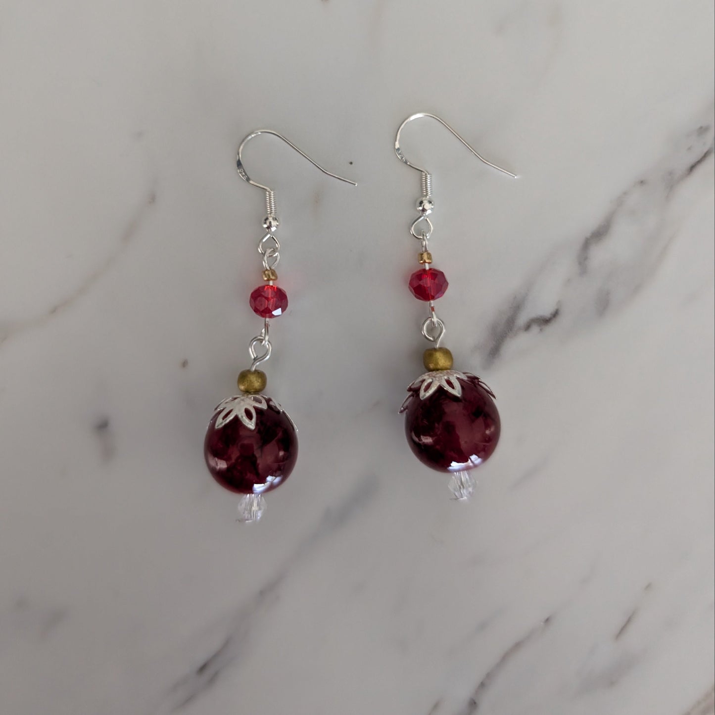 The Scarlet Filigree Drop Earrings – Burgundy Glass & 925 Sterling Silver