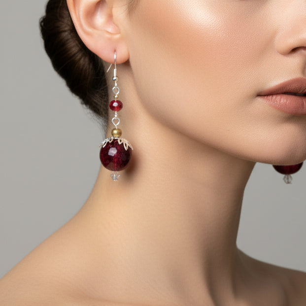 The Scarlet Filigree Drop Earrings – Burgundy Glass & 925 Sterling Silver