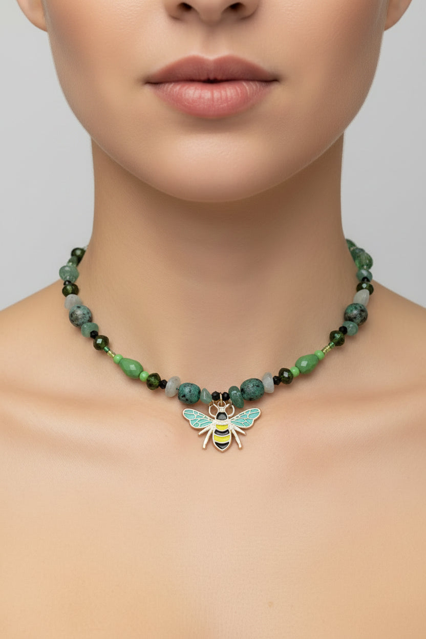 African Turquoise & Amazonite Memory Wire Choker – Gold Bee Charm Collar Necklace