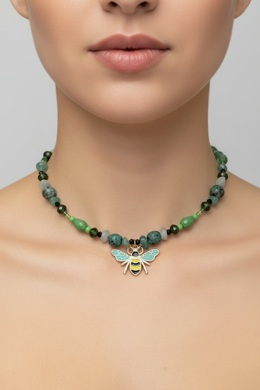 African Turquoise & Amazonite Memory Wire Choker – Gold Bee Charm Collar Necklace
