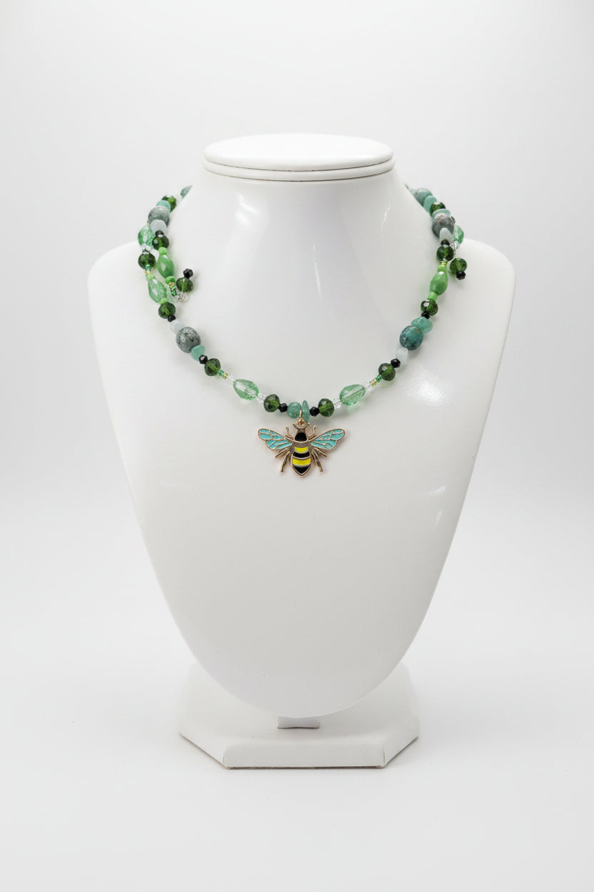 African Turquoise & Amazonite Memory Wire Choker – Gold Bee Charm Collar Necklace