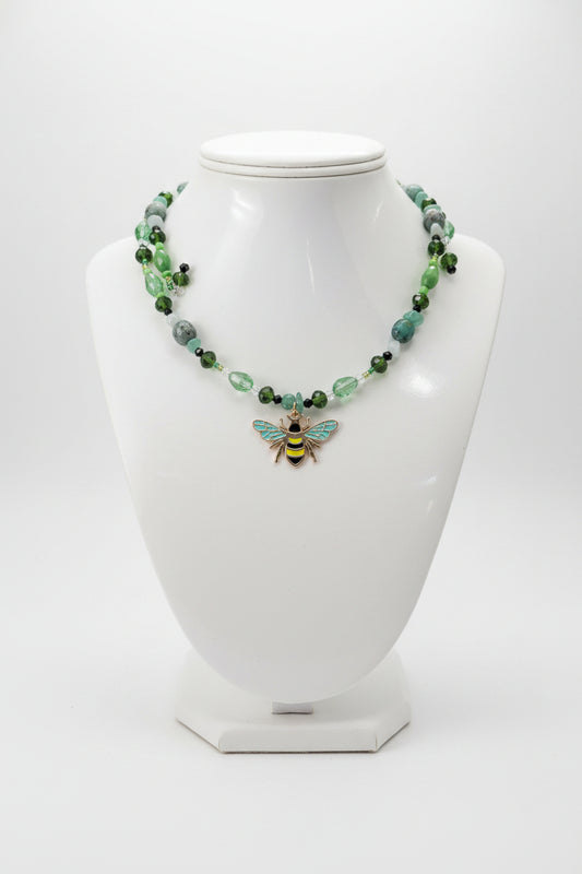 African Turquoise & Amazonite Memory Wire Choker – Gold Bee Charm Collar Necklace