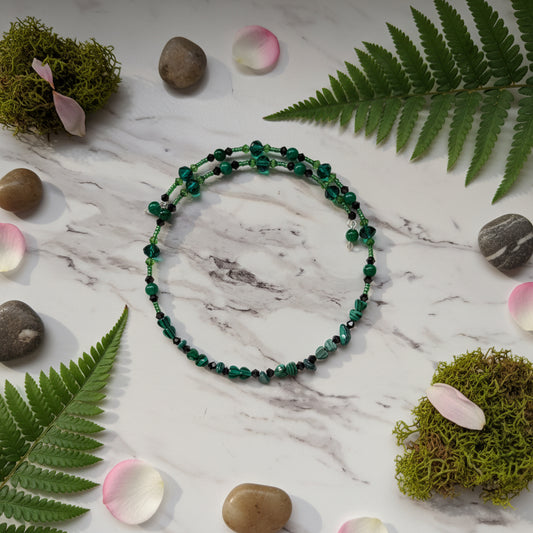 Malachite Heart & Green Glass Crystal Beaded Memory Wire Choker Necklace