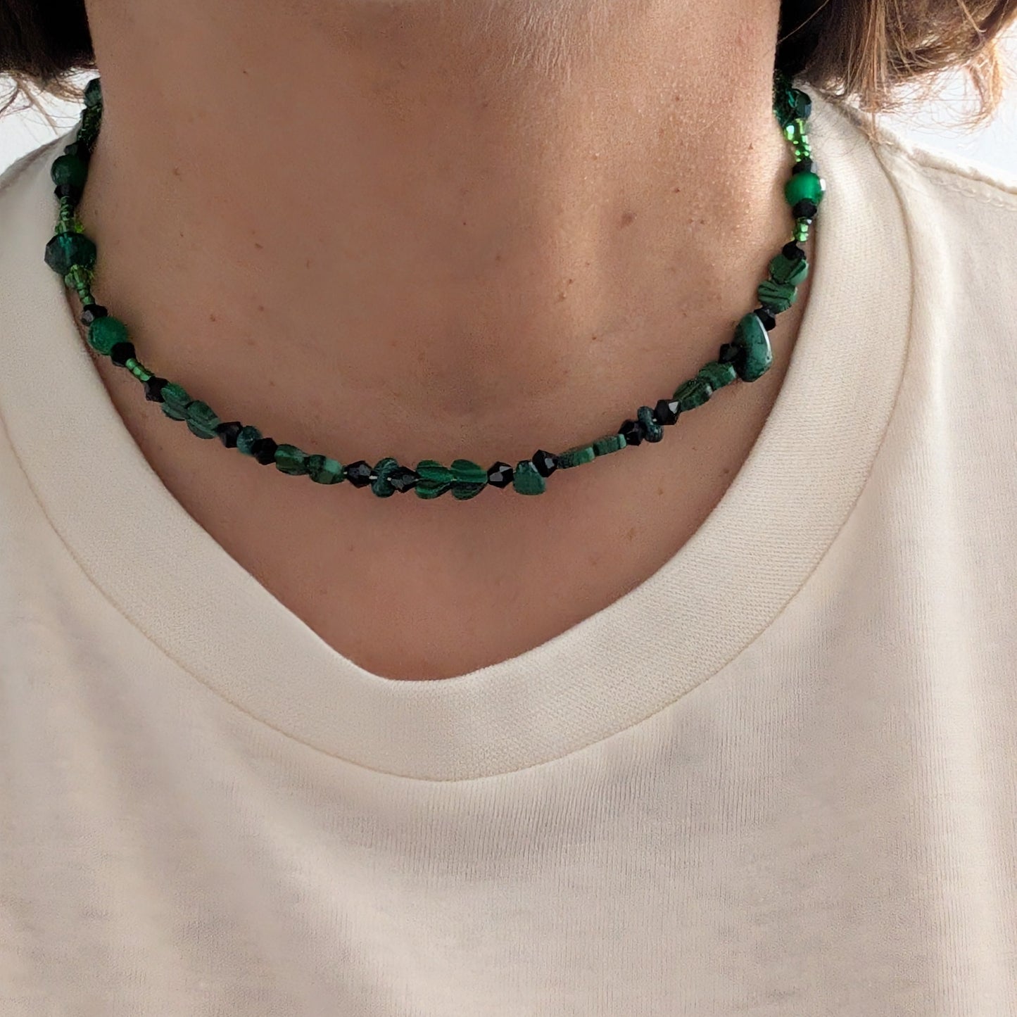 Malachite Heart & Green Glass Crystal Beaded Memory Wire Choker Necklace