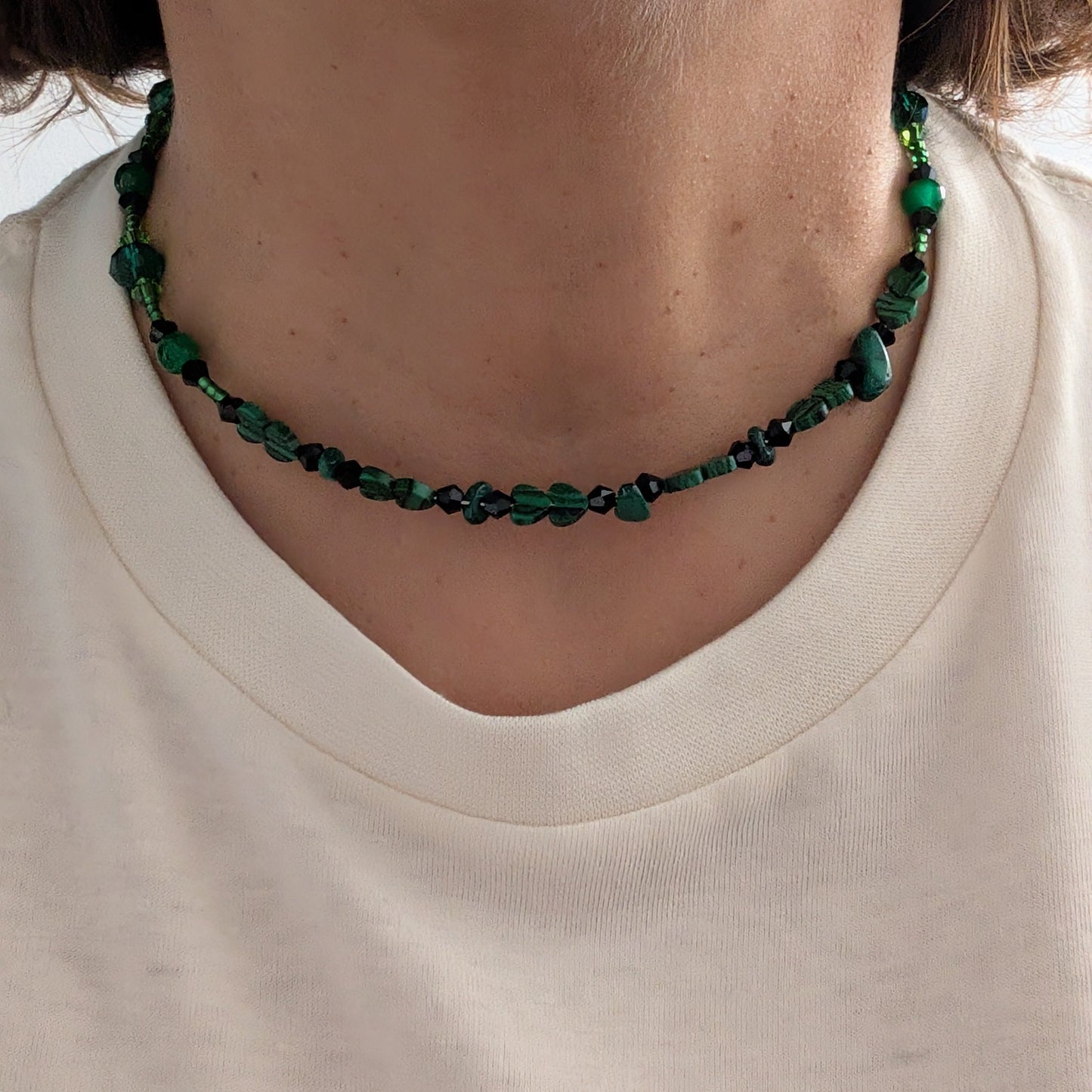 Malachite Heart & Green Glass Crystal Beaded Memory Wire Choker Necklace