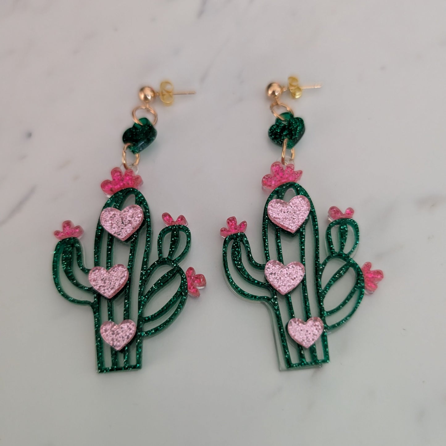 Glitter Heart Cactus Acrylic Dangle Earrings