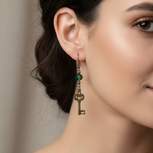 Vintage Bronze Key Earrings with Emerald Green Crystal Glass Beads – Whimsical Botanical Dangle Earrings