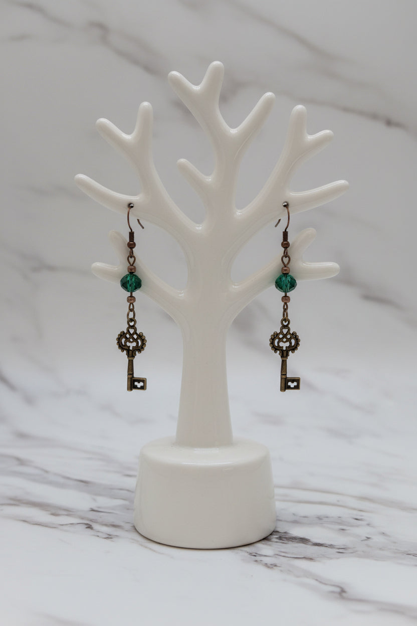 Vintage Bronze Key Earrings with Emerald Green Crystal Glass Beads – Whimsical Botanical Dangle Earrings