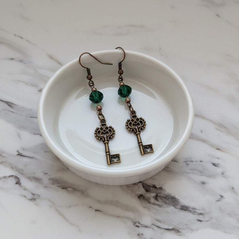 Vintage Bronze Key Earrings with Emerald Green Crystal Glass Beads – Whimsical Botanical Dangle Earrings