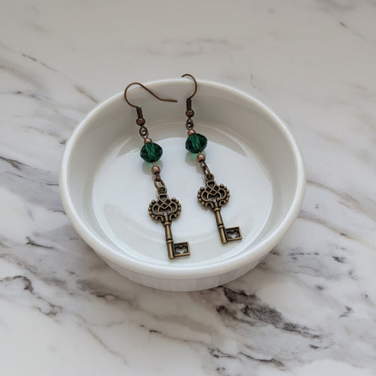 Vintage Bronze Key Earrings with Emerald Green Crystal Glass Beads – Whimsical Botanical Dangle Earrings