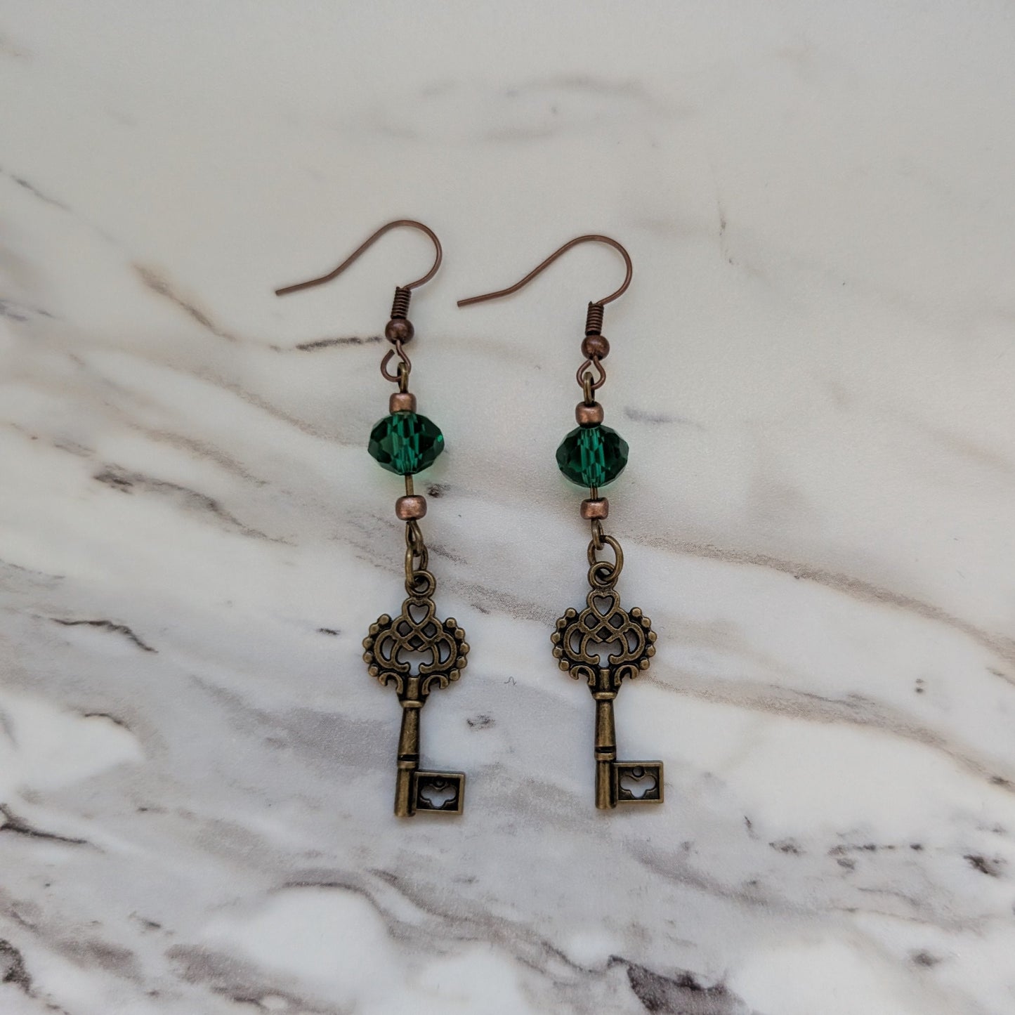 Vintage Bronze Key Earrings with Emerald Green Crystal Glass Beads – Whimsical Botanical Dangle Earrings