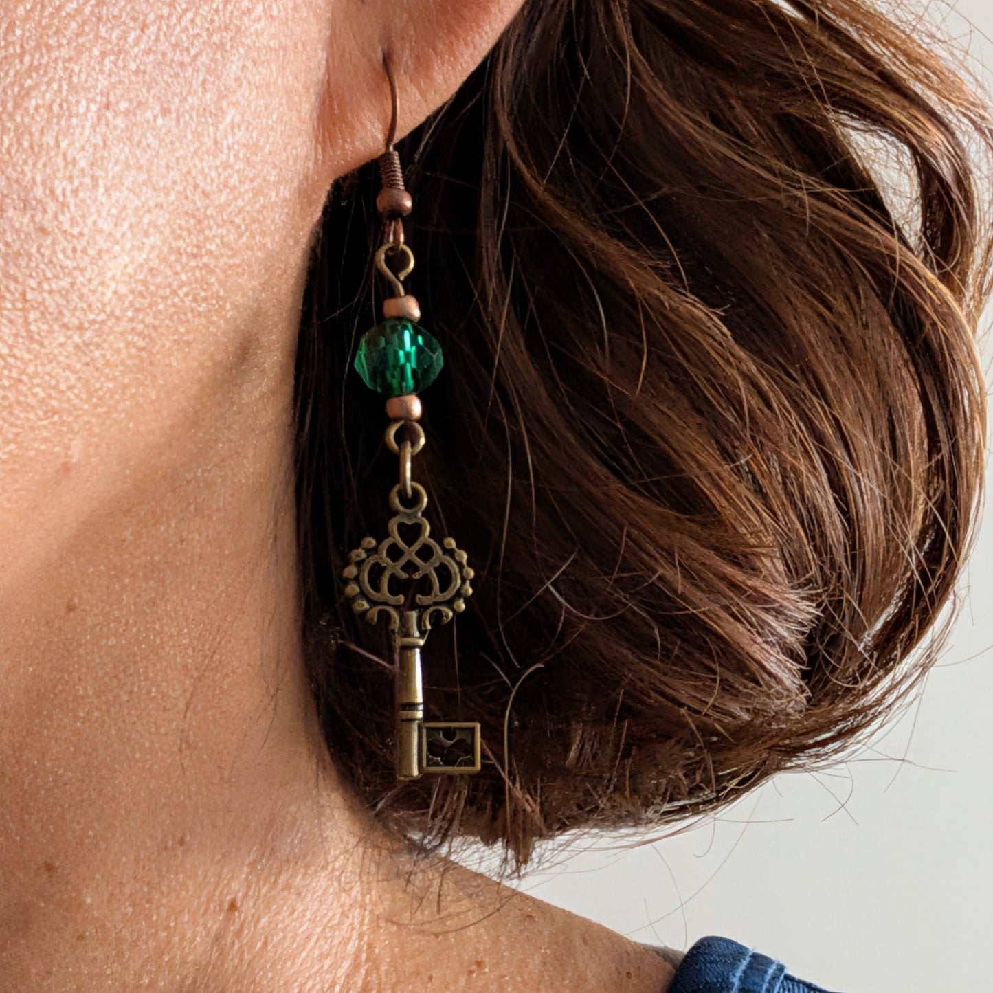 Vintage Bronze Key Earrings with Emerald Green Crystal Glass Beads – Whimsical Botanical Dangle Earrings