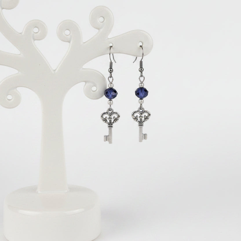 Vintage Silver Key Earrings with Dark Sapphire Blue Crystal Glass Beads – Whimsical Drop Earrings