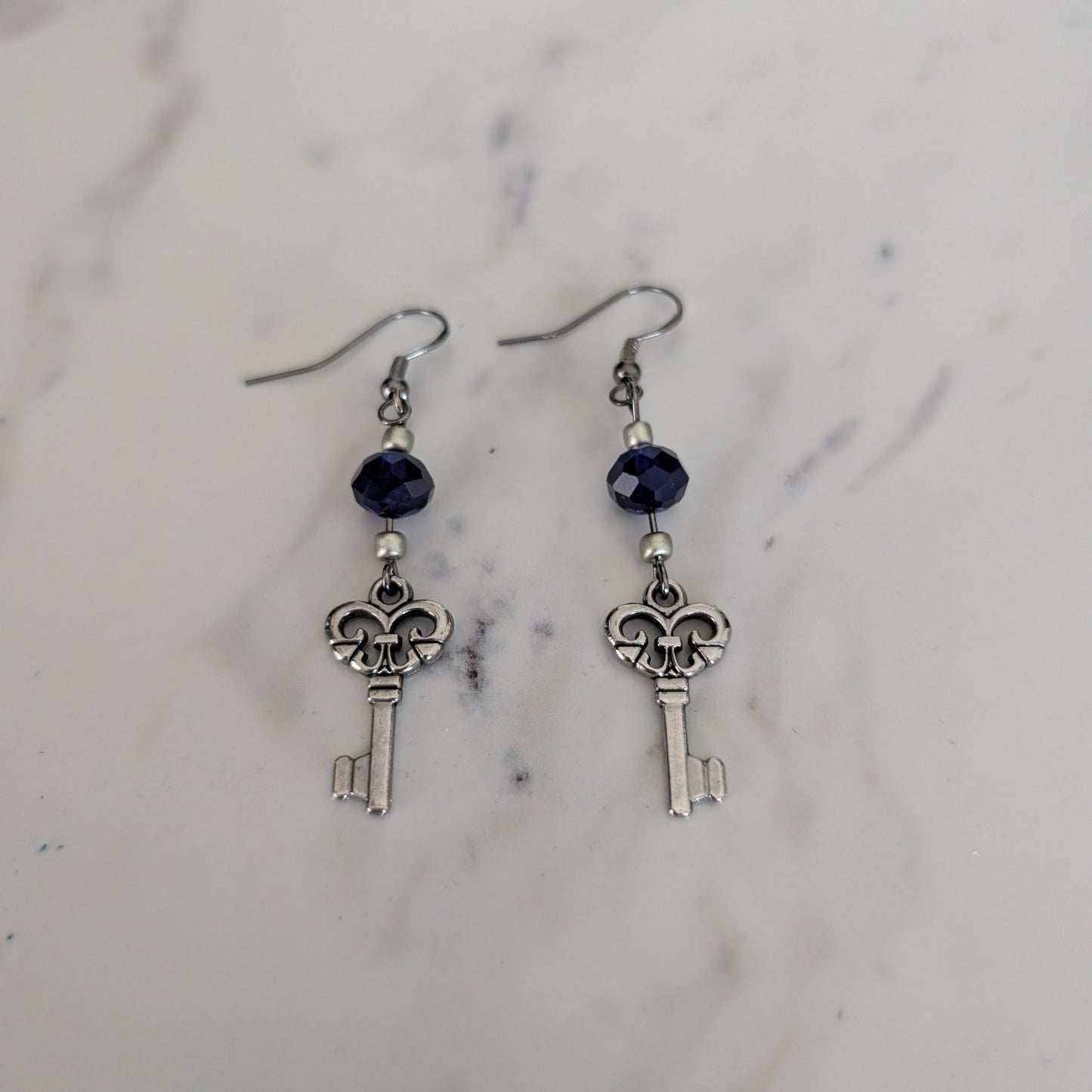 Vintage Silver Key Earrings with Dark Sapphire Blue Crystal Glass Beads – Whimsical Drop Earrings