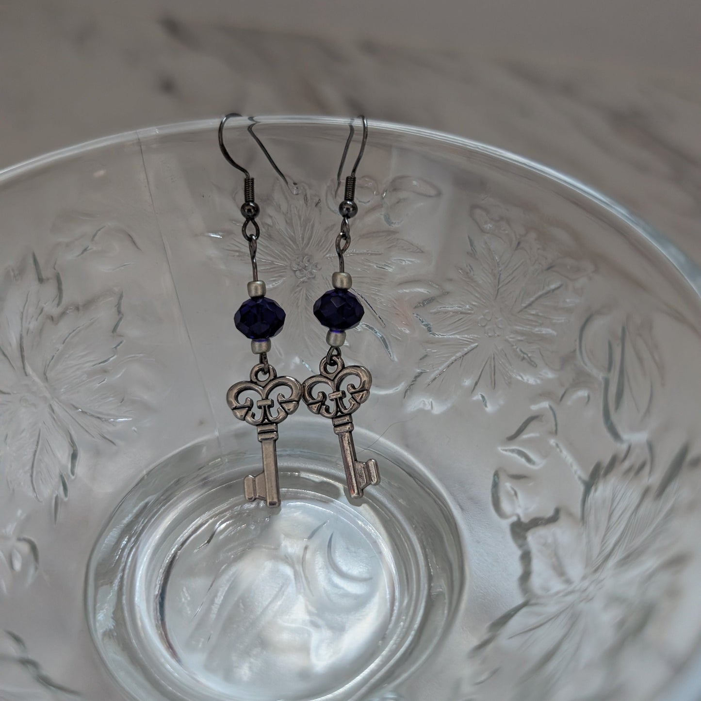 Vintage Silver Key Earrings with Dark Sapphire Blue Crystal Glass Beads – Whimsical Drop Earrings