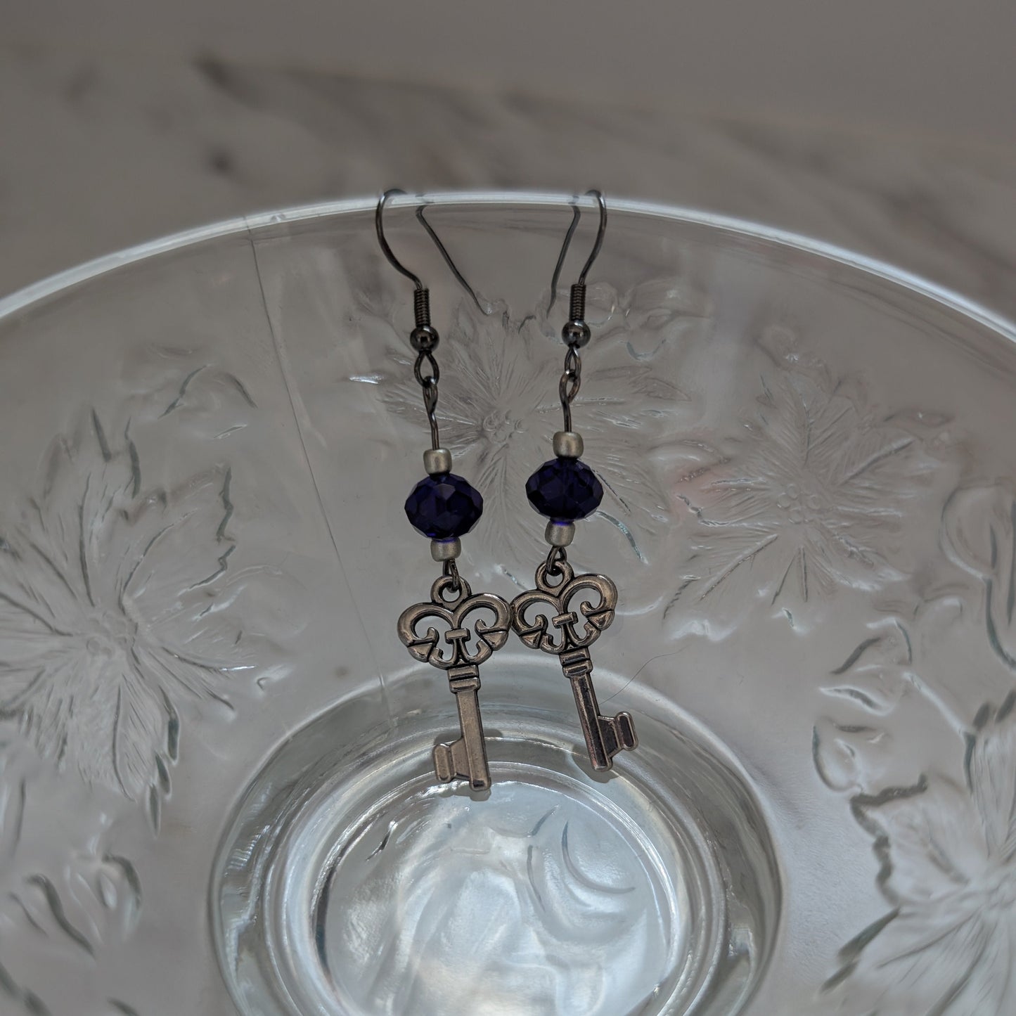 Vintage Silver Key Earrings with Dark Sapphire Blue Crystal Glass Beads – Whimsical Drop Earrings