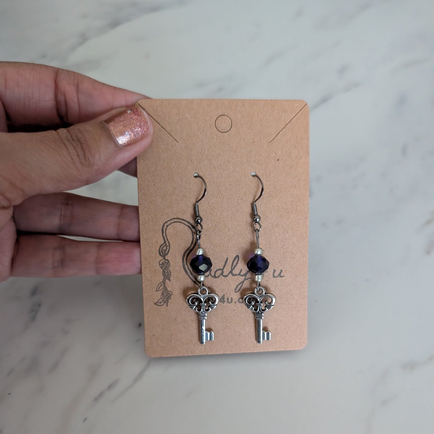 Vintage Silver Key Earrings with Dark Sapphire Blue Crystal Glass Beads – Whimsical Drop Earrings