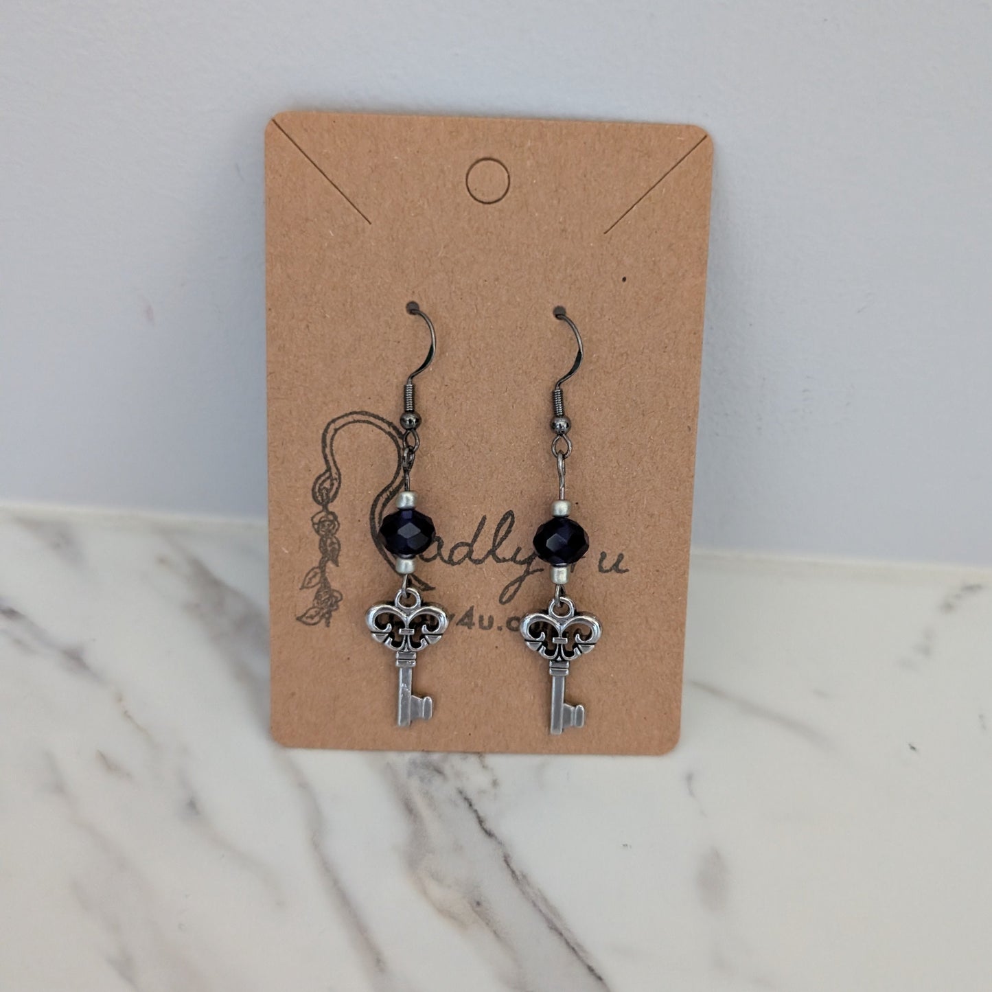 Vintage Silver Key Earrings with Dark Sapphire Blue Crystal Glass Beads – Whimsical Drop Earrings