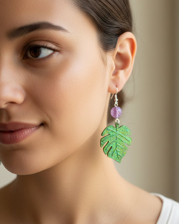 Textured Green Monstera Leaf Resin Dangle Earrings with Purple Crackle Glass Beads & .925 Sterling Silver Hooks